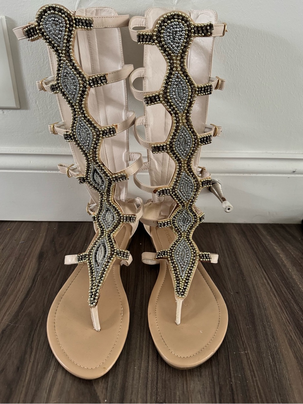Shoe Dazzle Beaded Nude Gladiator Knee-High Sandals